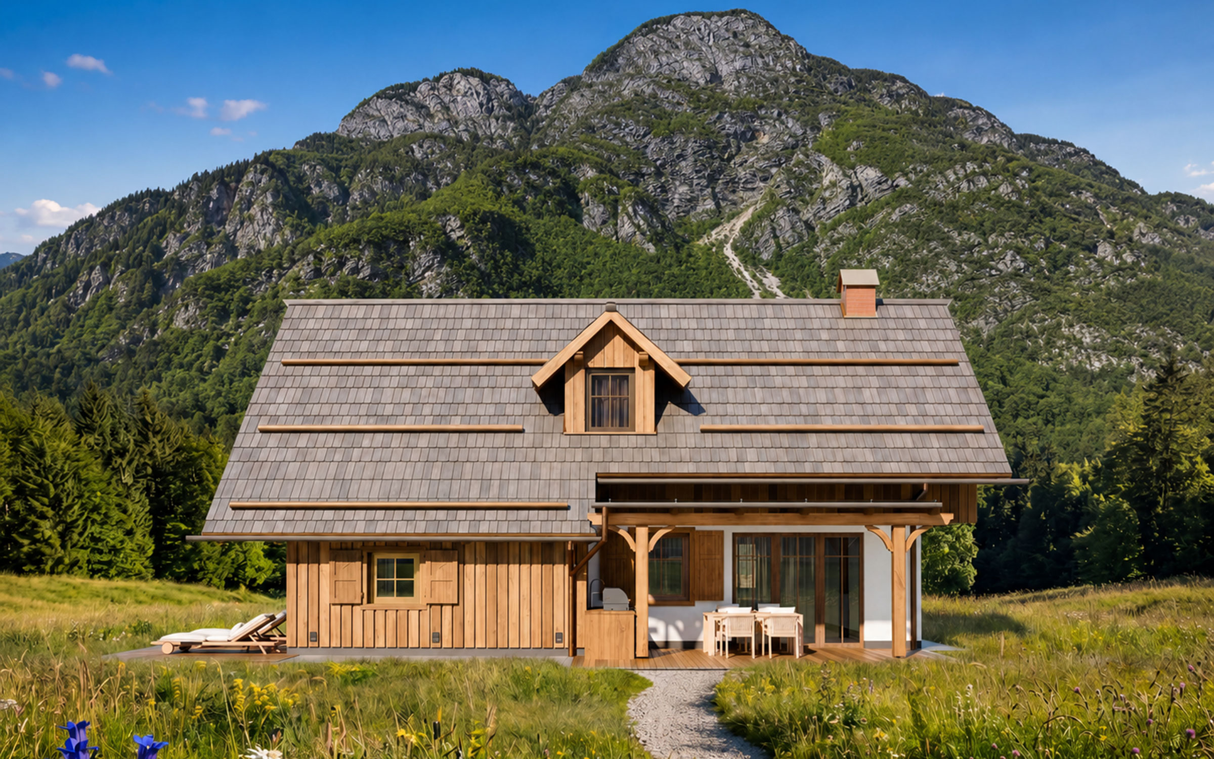 Architectural render of the new luxury Alpine SPA Chalet by Lake Bohinj, showing the planned exterior, private wellness atmosphere and peaceful alpine retreat setting.