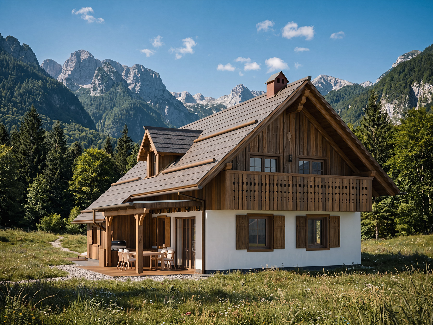 Architectural rendering of the new chalet exterior with mountain views near Lake Bohinj.