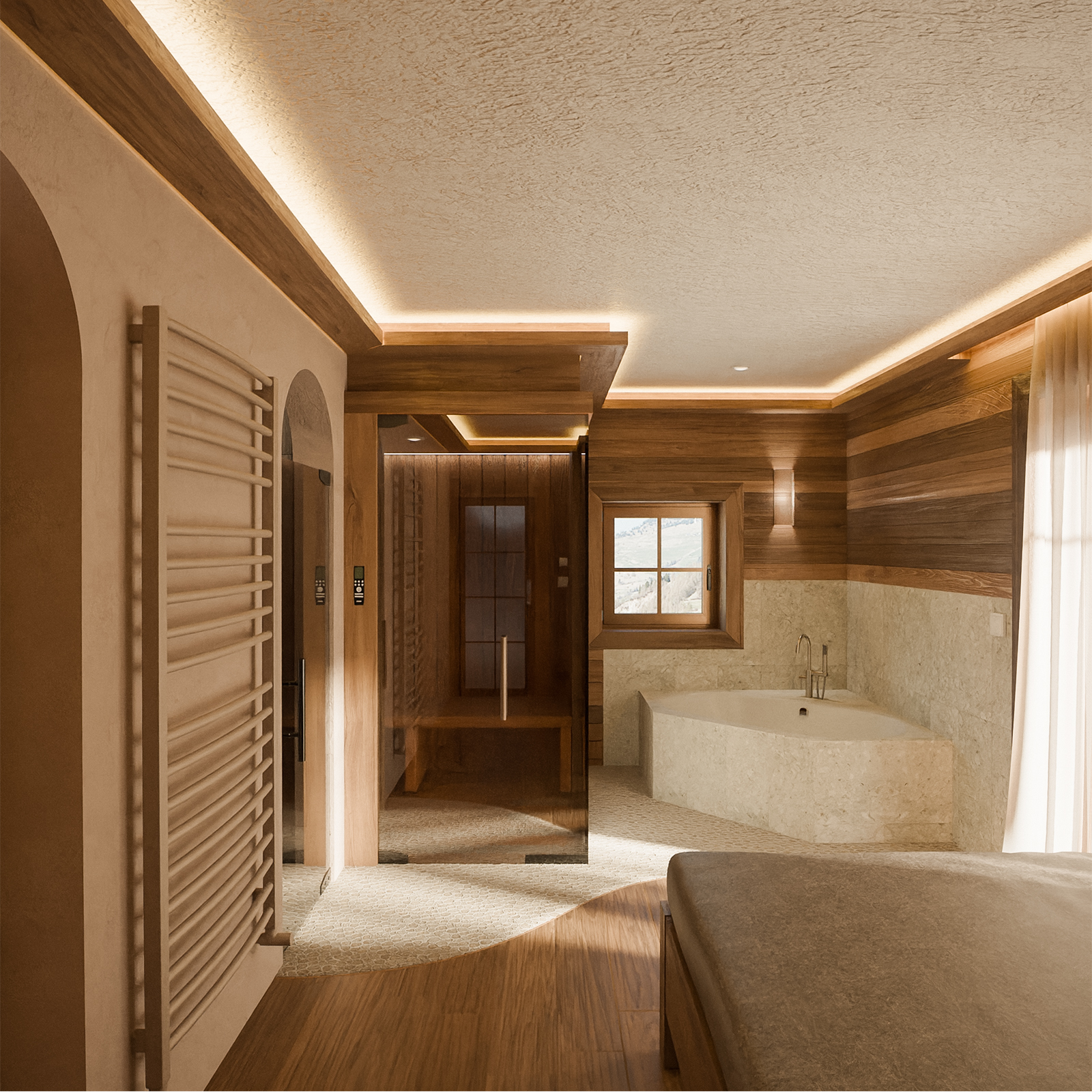 Architectural rendering of the new chalet private wellness with sauna and bathtub.
