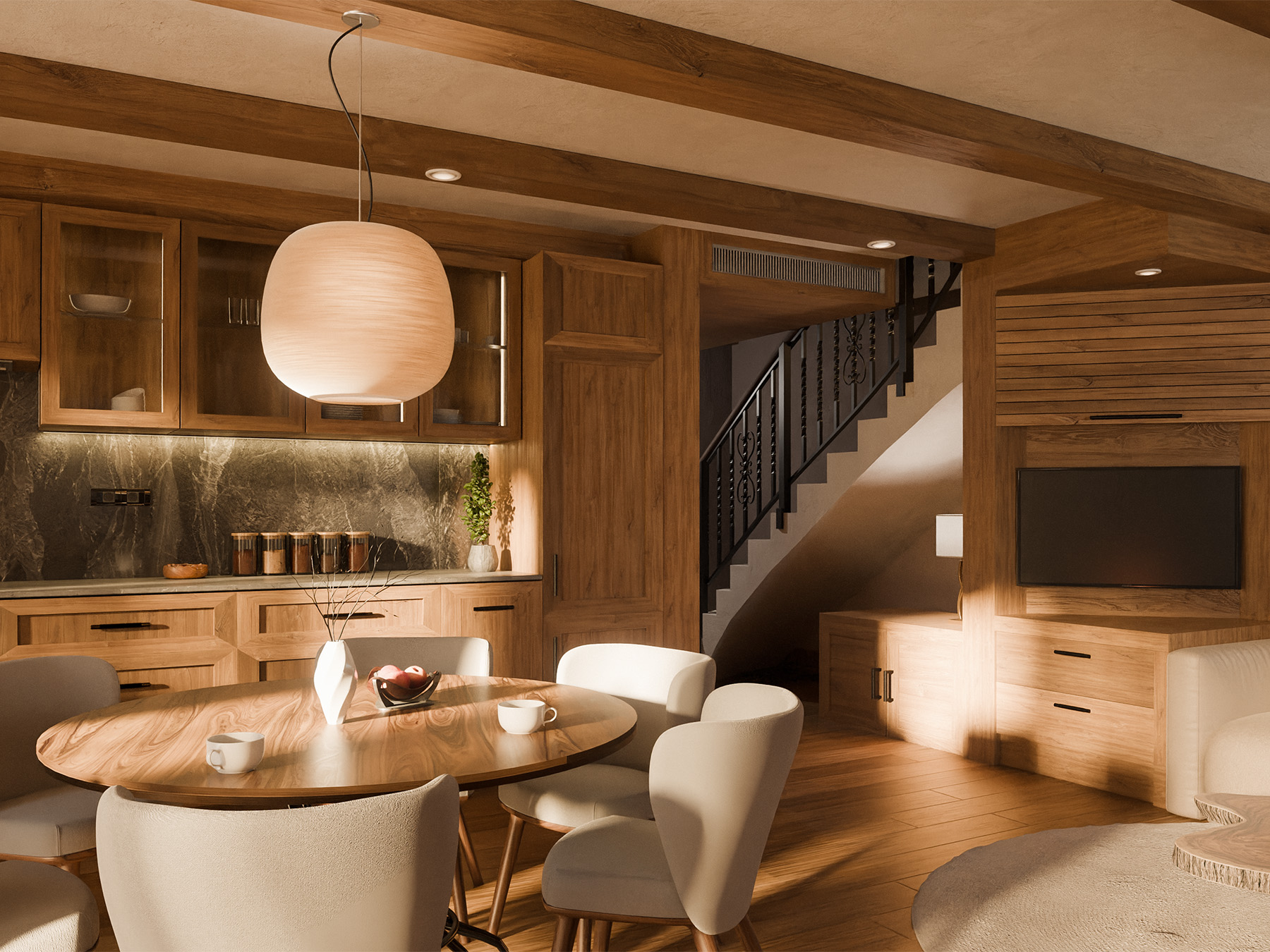 Architectural rendering of the new chalet living and dining area with staircase detail.