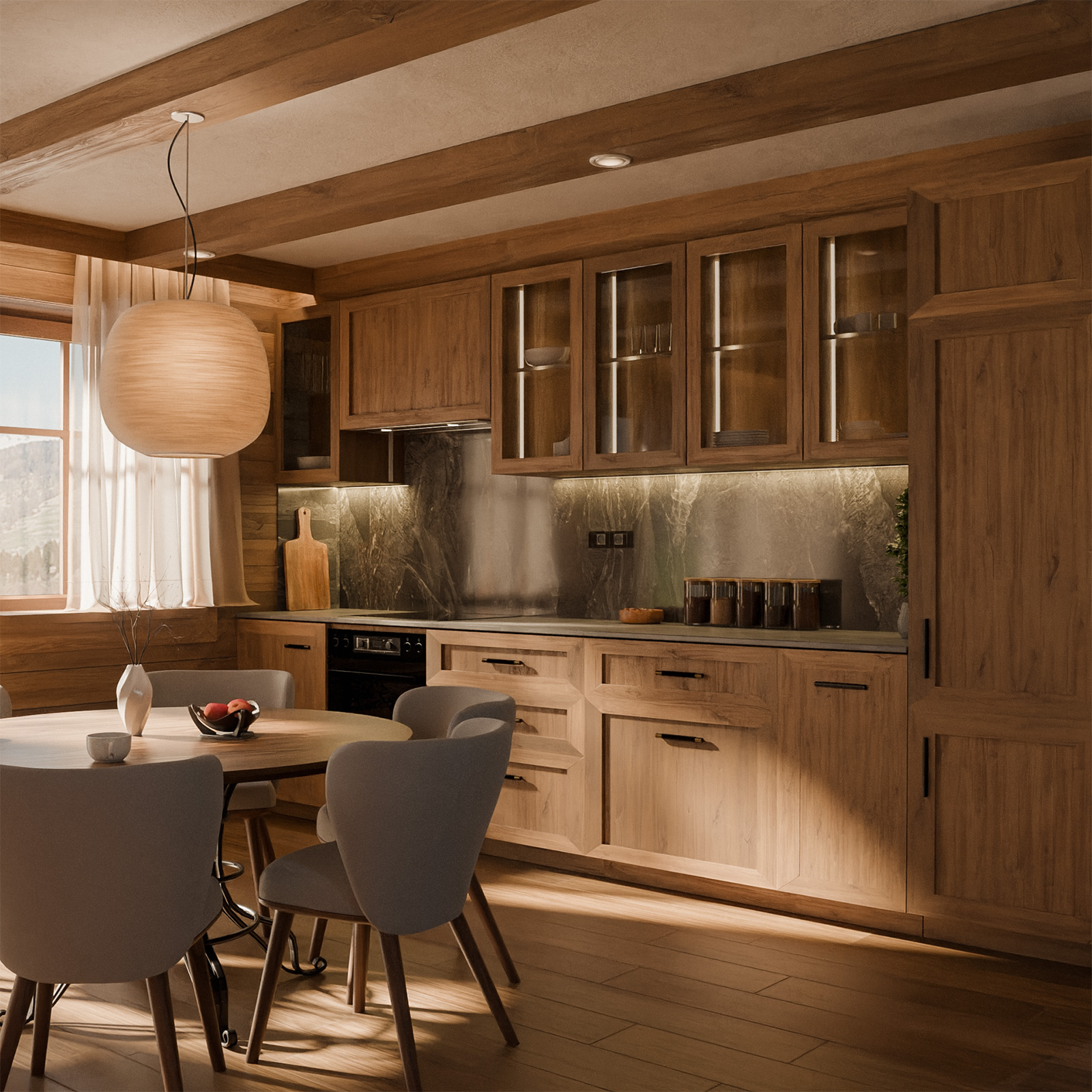 Architectural rendering of the new chalet kitchen and dining detail.