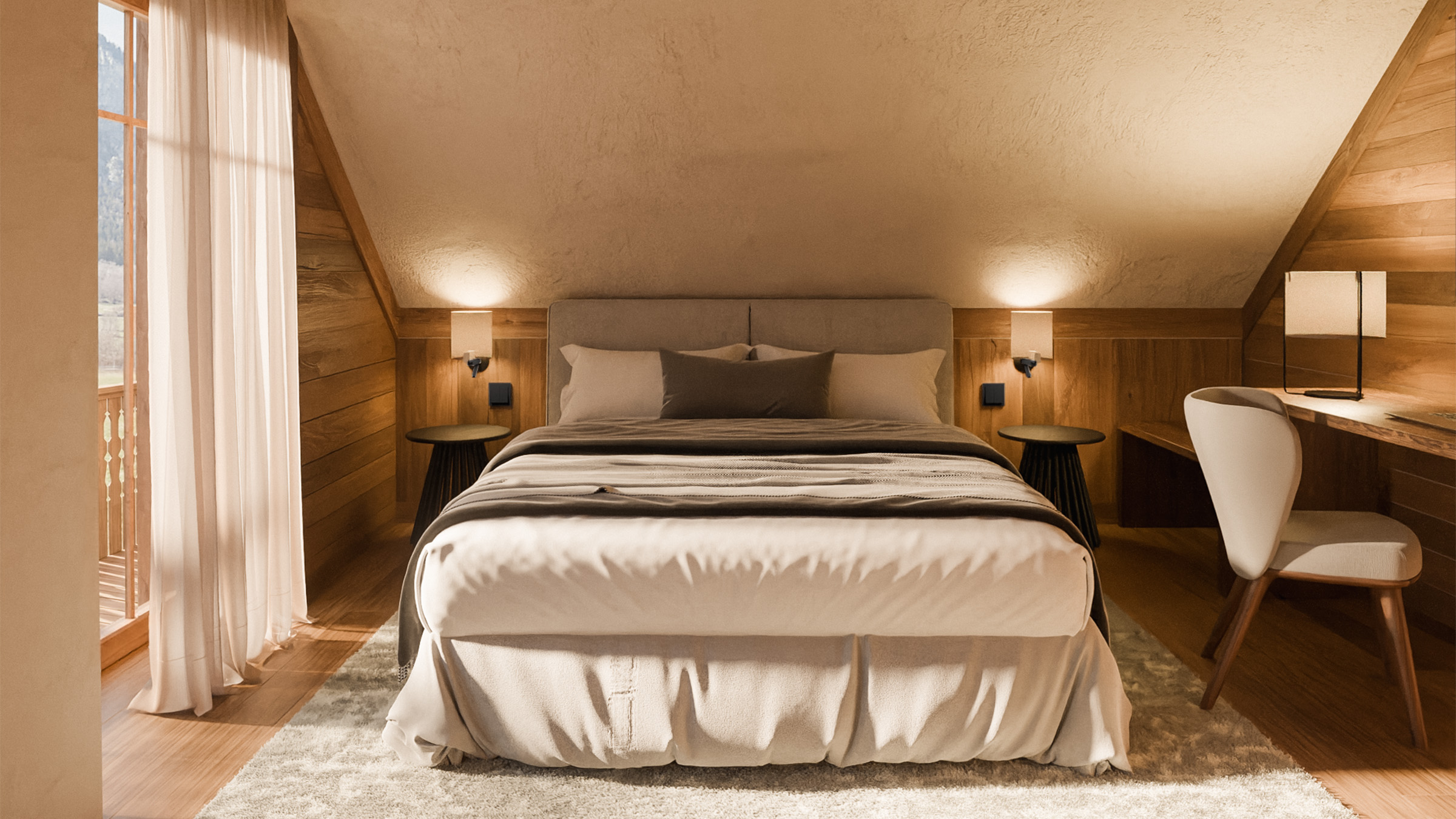Architectural visualisation of the warm wood bedroom and private retreat in the new Alpine SPA Chalet by Lake Bohinj.