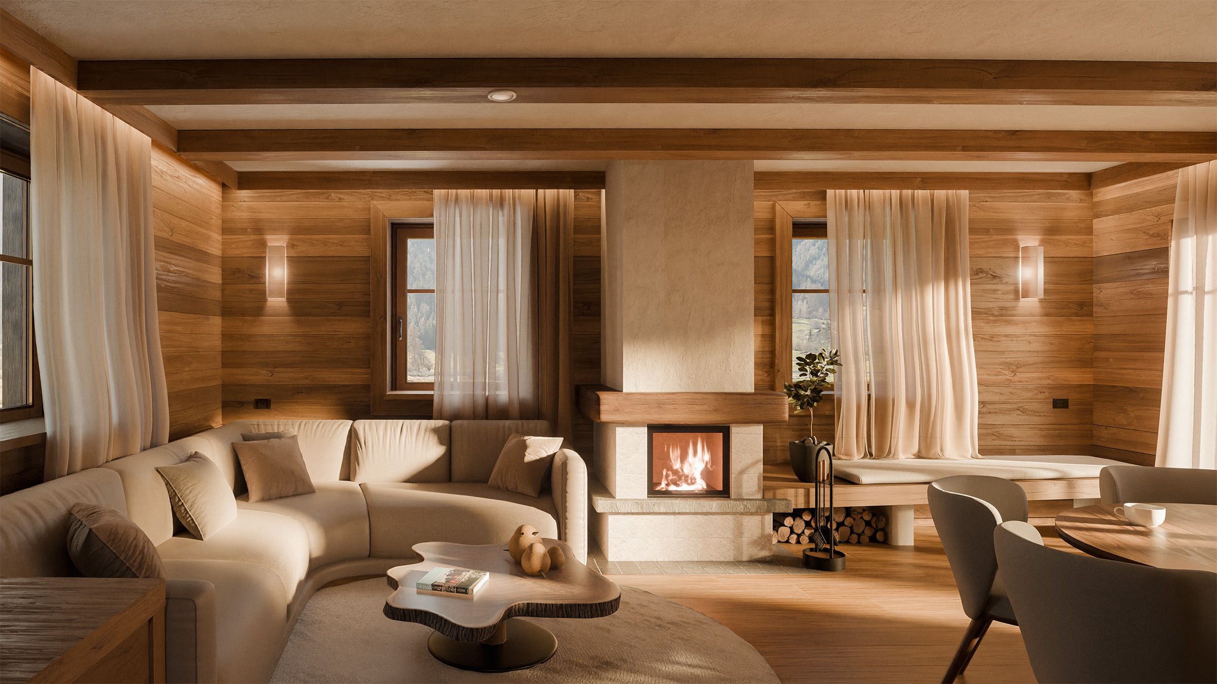 Architectural visualisation of the warm wood living room with fireplace in the new Alpine SPA Chalet by Lake Bohinj.