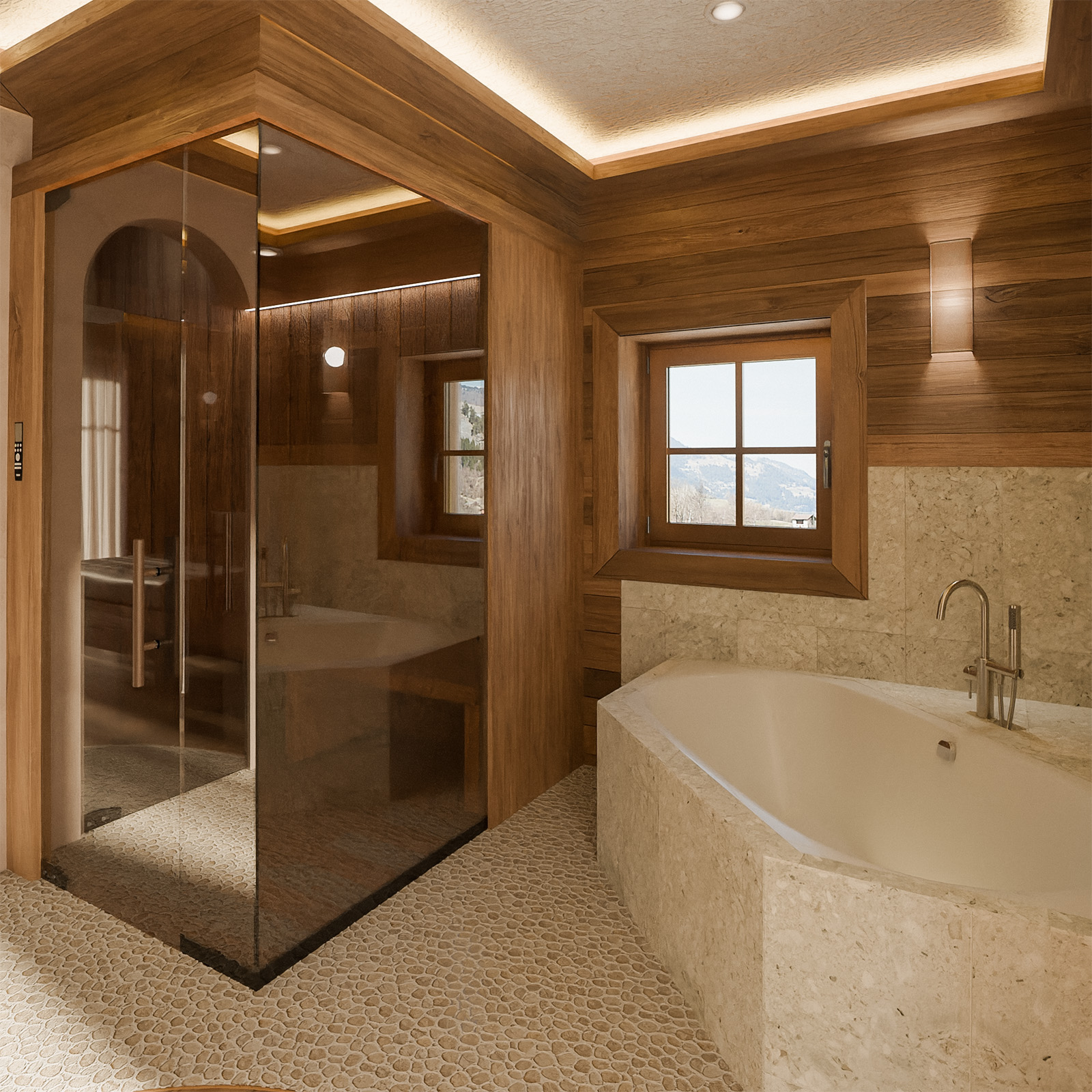 Architectural visualisation of the sauna and bath in the private wellness area of the new Alpine SPA Chalet.