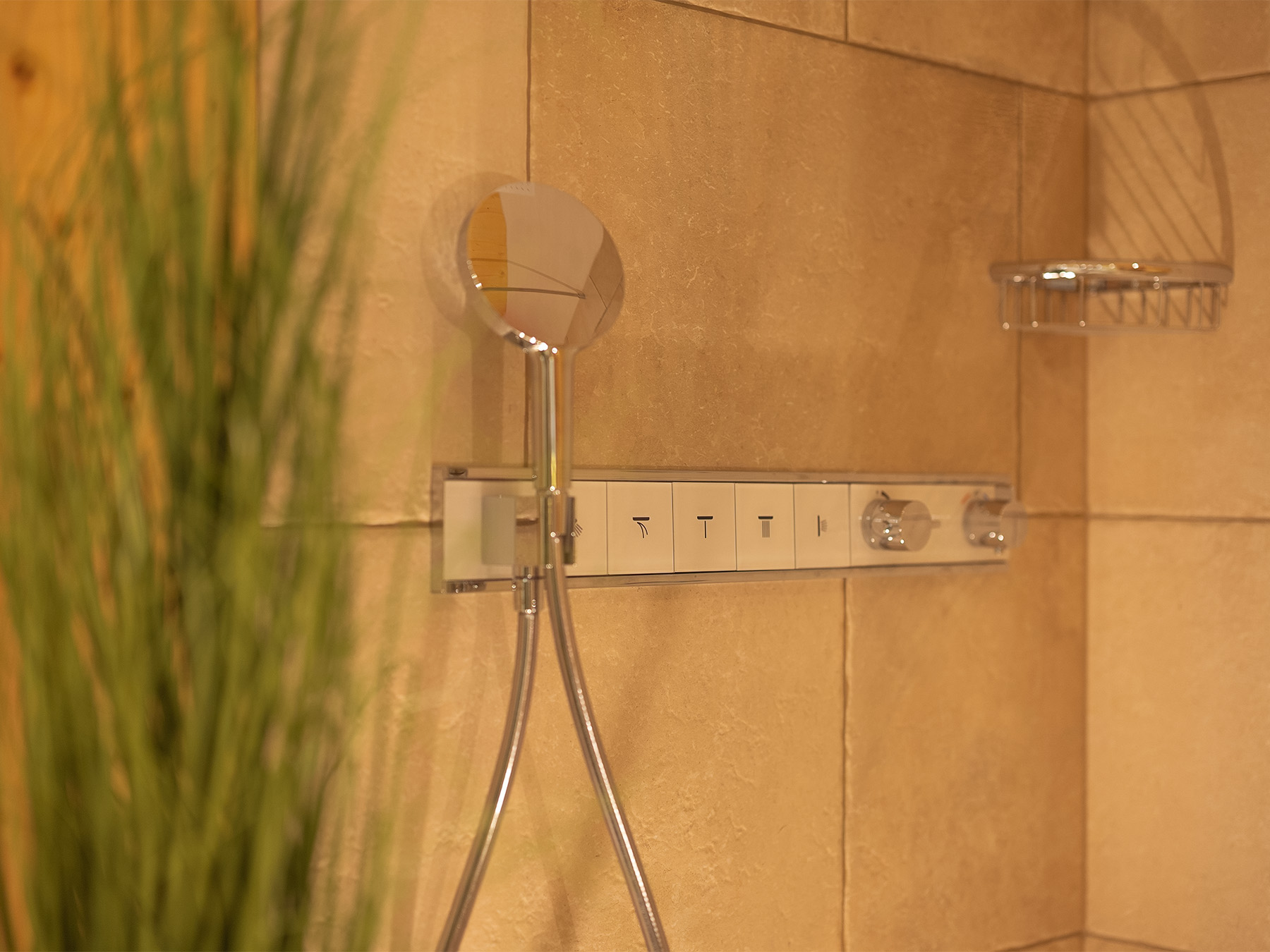 Massage shower controls and hand shower detail in the private wellness area of the Alpine SPA Chalet by Lake Bohinj.